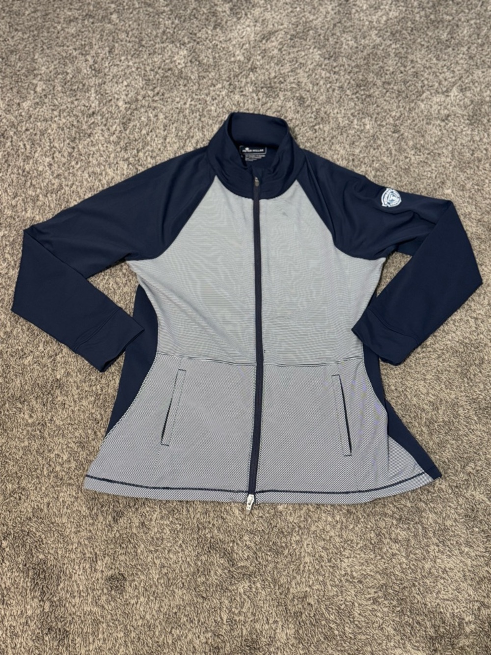 Peter Millar Women’s Golf UPF 50 Stripe Navy and Light Gray Zip Up jacket Size L